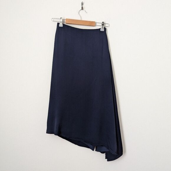 Les Heroines Paris navy blue satin crepe asymmetrical Maya wrap midi skirt - Picture 5 of 5